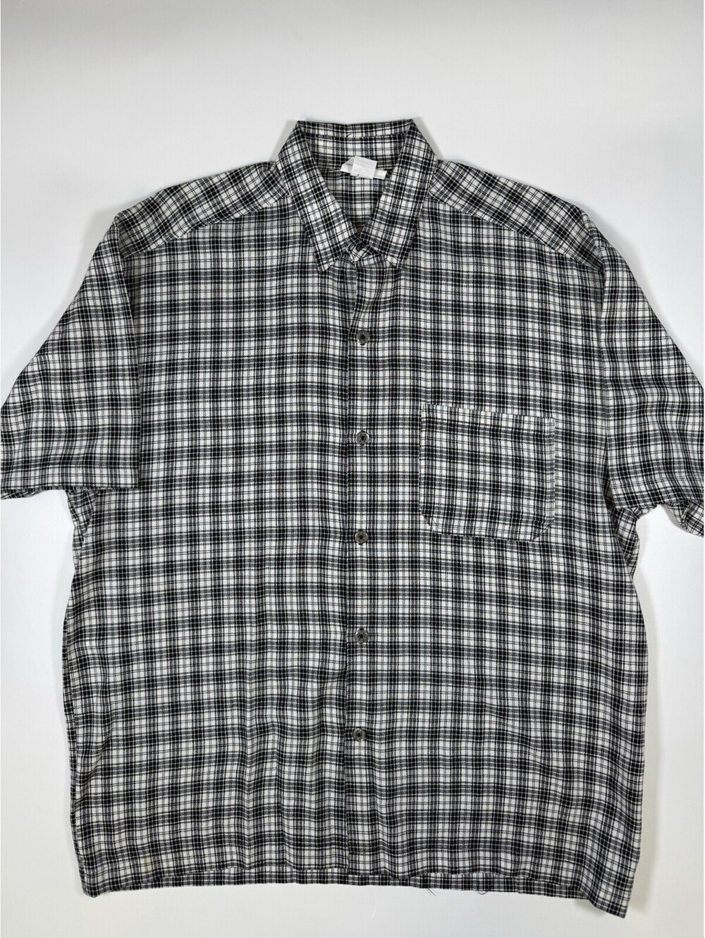 Vintage Mission USA Plaid Shirt XXL Black White Rayon Polyester Short Sleeve